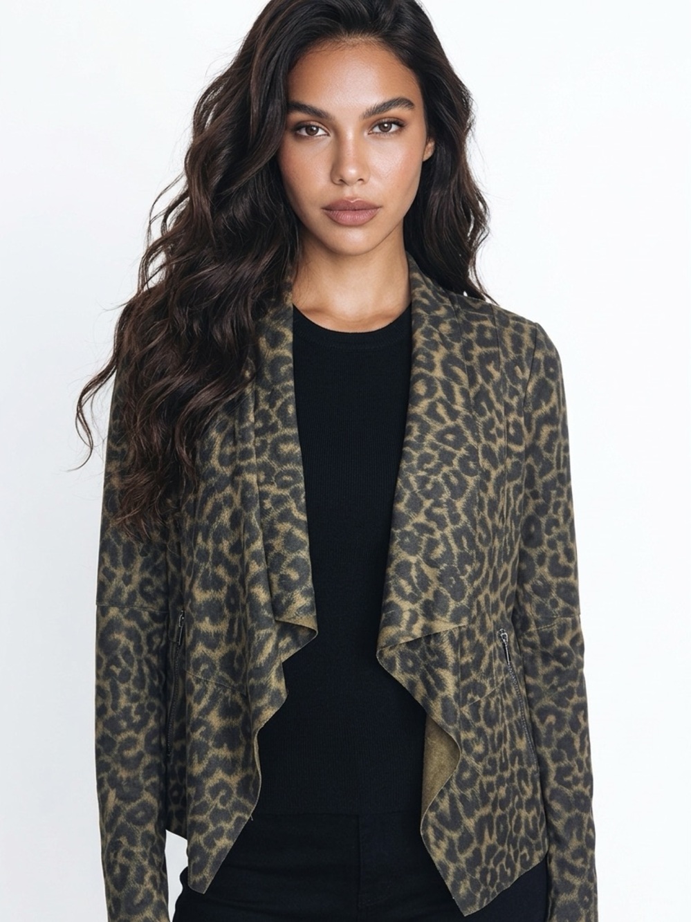 BAGATELLE | Olive Green Leopard Faux Suede Drape Front Jacket Women’s Size S